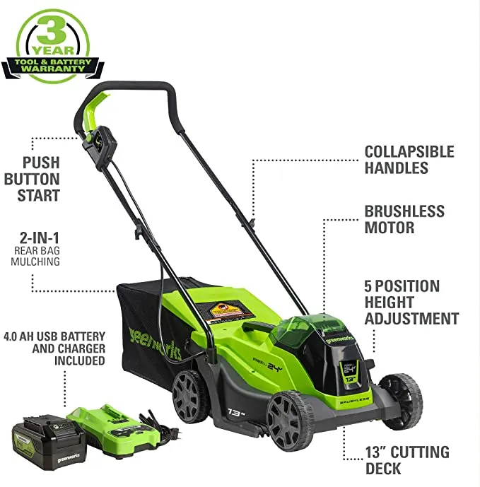 24V 13" Cordless Battery Push Lawn Mower w/ 4.0Ah Battery & Charger