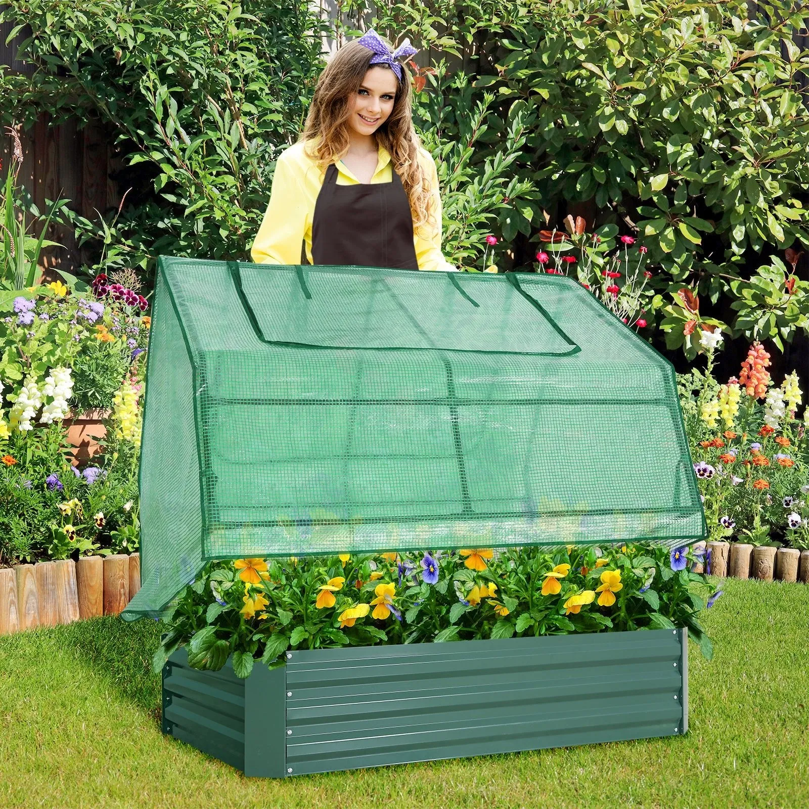 EAGLE PEAK 4x3x1 Outdoor Raised Garden Bed with Greenhouse 2 Zippered Windows