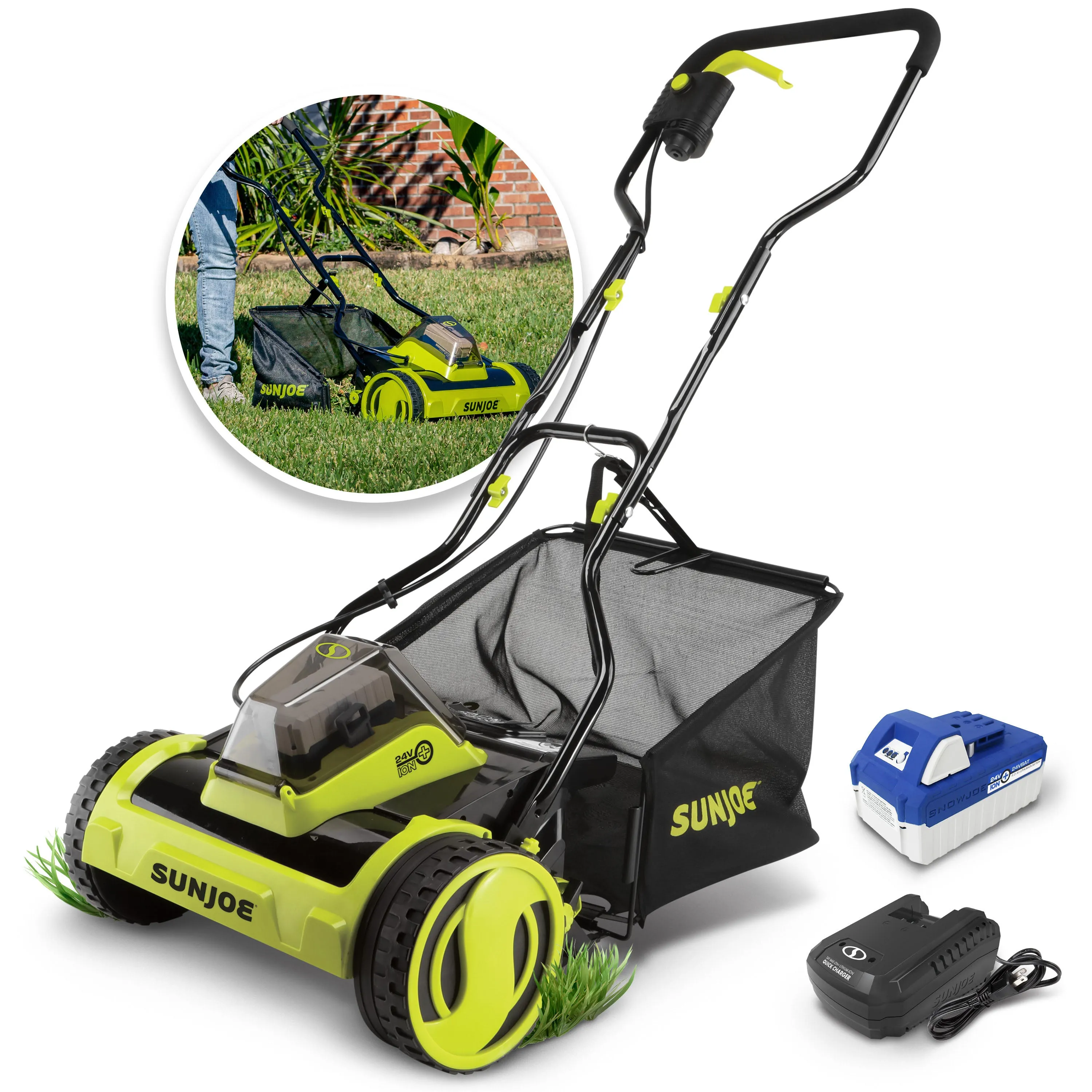 Sun Joe 24V-CRLM15 24-Volt* IONMAX Cordless Push Reel Mower W/ Collection Bag | 15-inch | W/ 4.0-Ah Battery   Charger