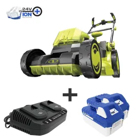 Sun Joe 24V-X2-16LM 48-Volt* IONMAX Cordless Brushless Lawn Mower Kit | 16-Inch | 12-Gallon Collection Bag | Comfort Grip | 6-Position Height Adjustment | W/ 2 x 4.0-Ah Batteries   Charger