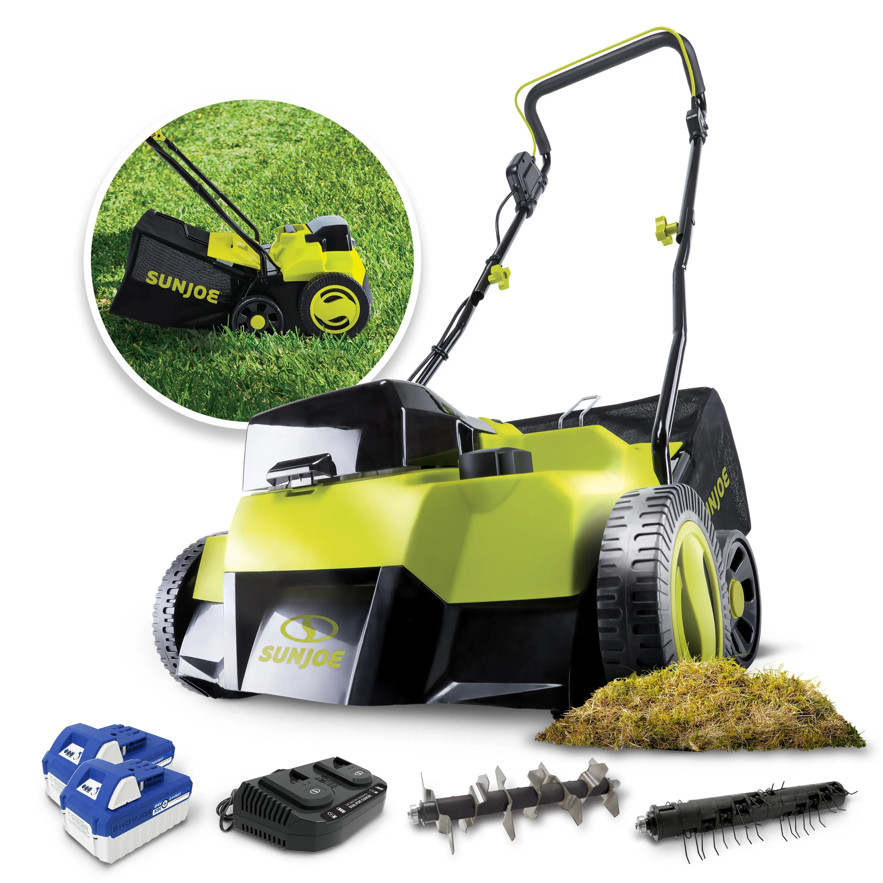 Sun Joe 24V-X2-DTS15 24-Volt* Cordless Scarifier   Dethatcher | 5-Depth Positions | 14-inch | Brushless Motor | W/ 2 x 4.0-Ah Batteries   Charger