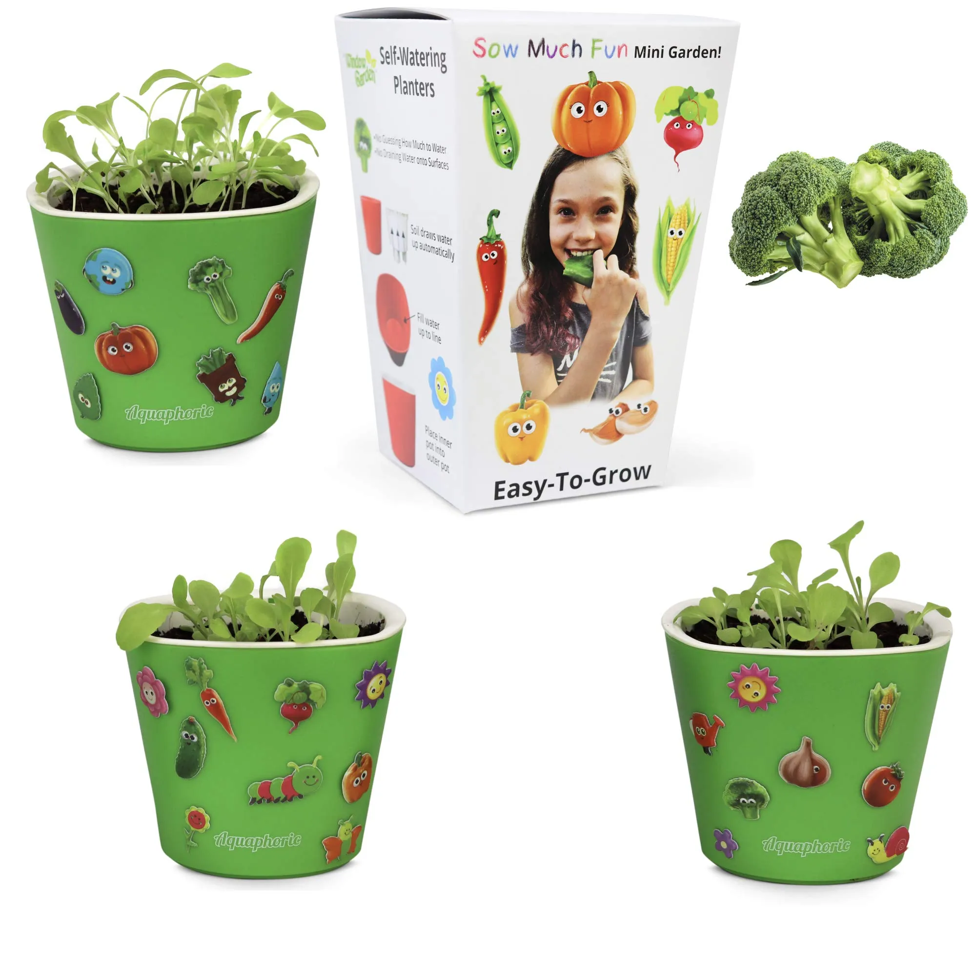 Window Garden Sow Much Fun Seed Starting, Vegetable Planting And Growing Kit For Kids, 3 Self Watering Planters, Soil, Seeds And Puffy Stickers. No Mess, Easy, Works Great!